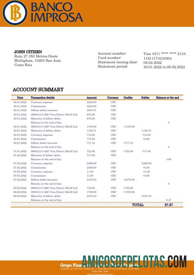 Costa Rica Banco Improsa extrato bancário amostra